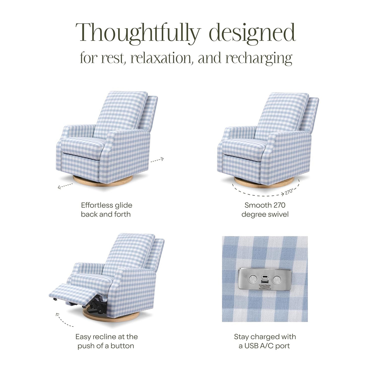 Crewe Nursery Glider Recliner w/ 270° Swivel, Tan Gingham