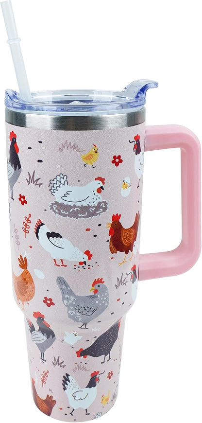 30 oz Tumbler with Handle Straw Lid Chicken Gifts for Women | Chicken Rooster Coffee Travel Mug Leak Proof Insulated for Hot Cold Ice Christmas Birthday Gifts for Women