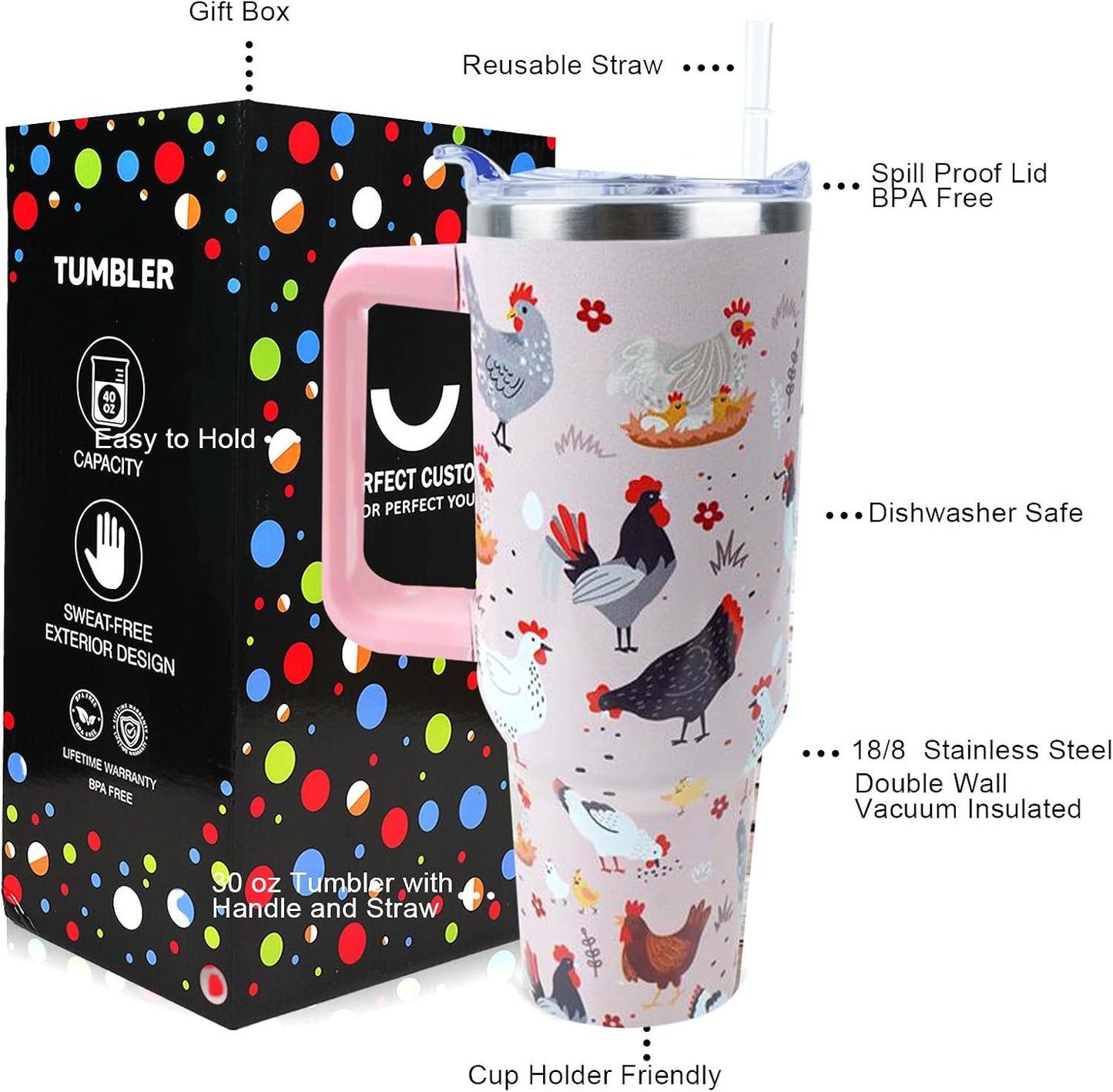 30 oz Tumbler with Handle Straw Lid Chicken Gifts for Women | Chicken Rooster Coffee Travel Mug Leak Proof Insulated for Hot Cold Ice Christmas Birthday Gifts for Women