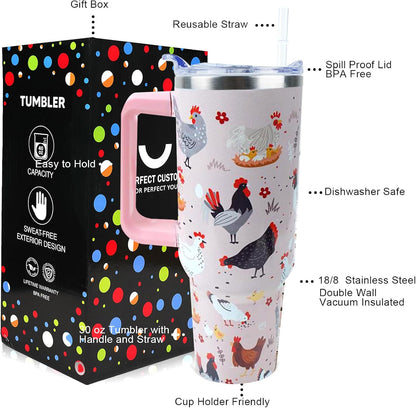 30 oz Tumbler with Handle Straw Lid Chicken Gifts for Women | Chicken Rooster Coffee Travel Mug Leak Proof Insulated for Hot Cold Ice Christmas Birthday Gifts for Women
