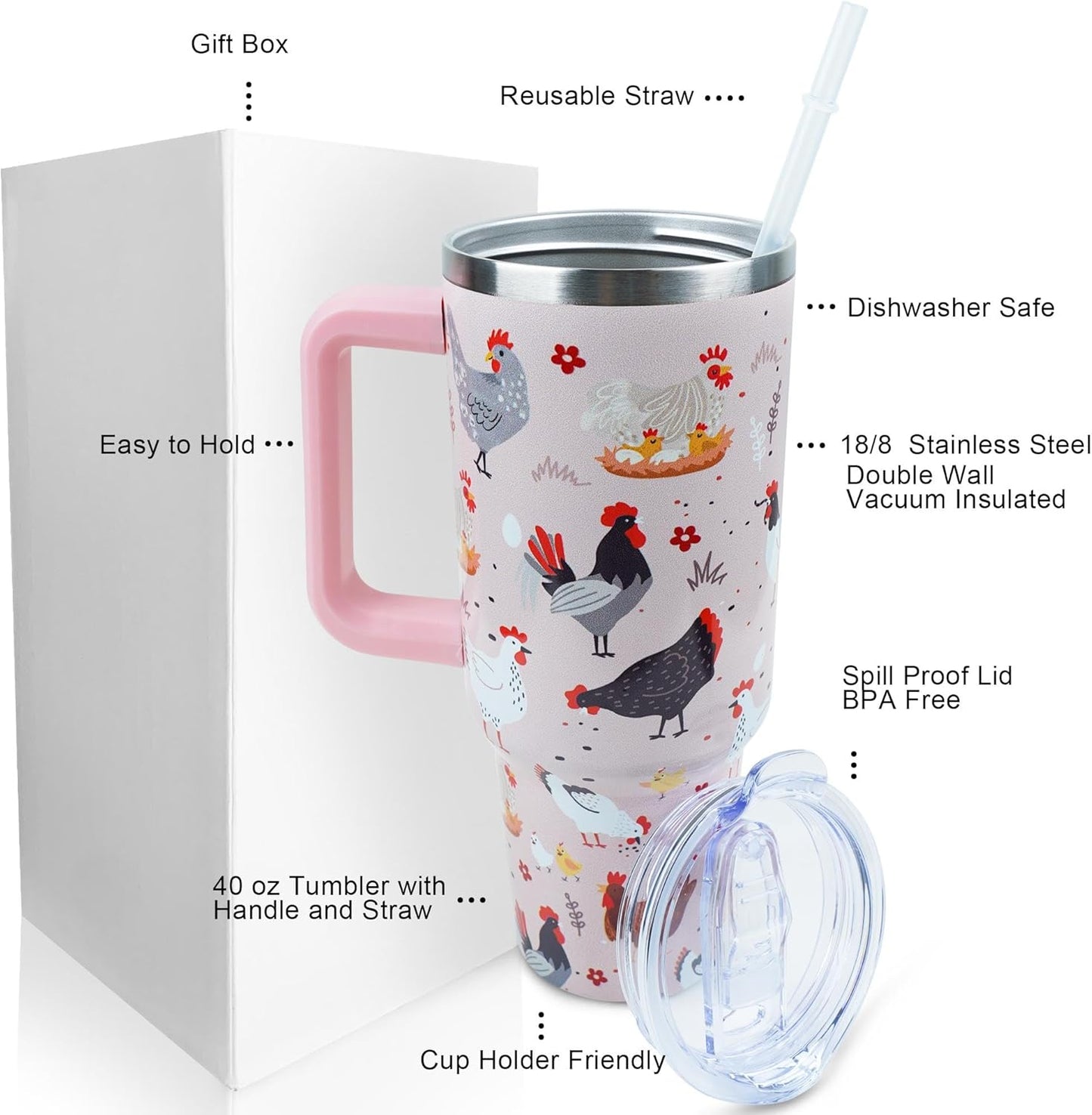 30 oz Tumbler with Handle Straw Lid Chicken Gifts for Women | Chicken Rooster Coffee Travel Mug Leak Proof Insulated for Hot Cold Ice Christmas Birthday Gifts for Women