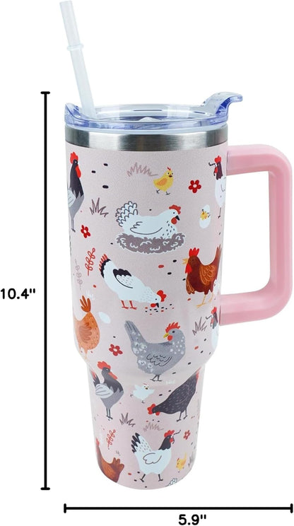 30 oz Tumbler with Handle Straw Lid Chicken Gifts for Women | Chicken Rooster Coffee Travel Mug Leak Proof Insulated for Hot Cold Ice Christmas Birthday Gifts for Women