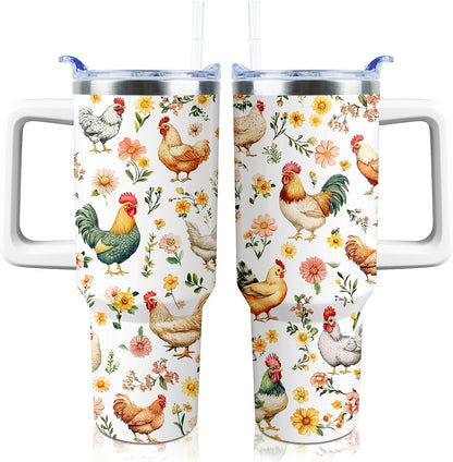 30 oz Tumbler with Handle Straw Lid Chicken Gifts for Women | Chicken Rooster Coffee Travel Mug Leak Proof Insulated for Hot Cold Ice Christmas Birthday Gifts for Women