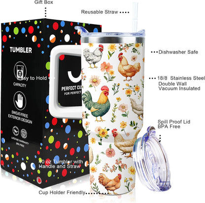 30 oz Tumbler with Handle Straw Lid Chicken Gifts for Women | Chicken Rooster Coffee Travel Mug Leak Proof Insulated for Hot Cold Ice Christmas Birthday Gifts for Women