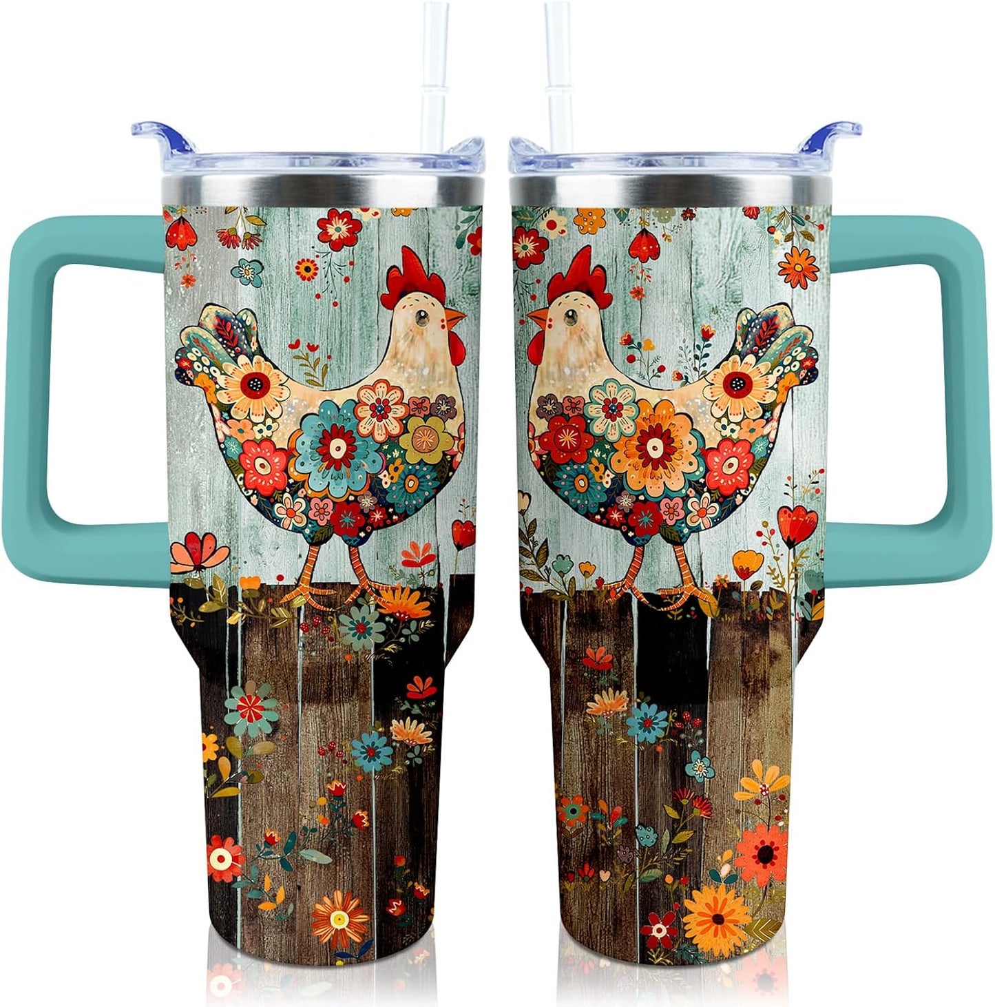 30 oz Tumbler with Handle Straw Lid Chicken Gifts for Women | Chicken Rooster Coffee Travel Mug Leak Proof Insulated for Hot Cold Ice Christmas Birthday Gifts for Women