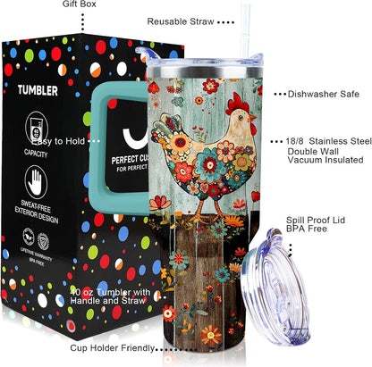 30 oz Tumbler with Handle Straw Lid Chicken Gifts for Women | Chicken Rooster Coffee Travel Mug Leak Proof Insulated for Hot Cold Ice Christmas Birthday Gifts for Women