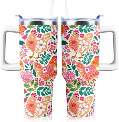 30 oz Tumbler with Handle Straw Lid Chicken Gifts for Women | Chicken Rooster Coffee Travel Mug Leak Proof Insulated for Hot Cold Ice Christmas Birthday Gifts for Women