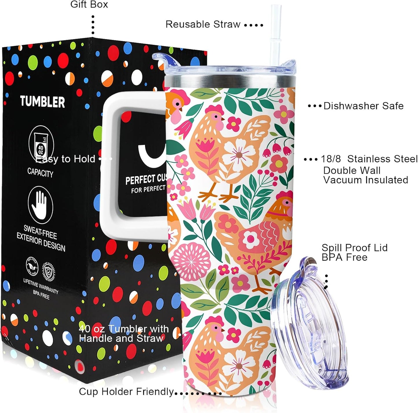 30 oz Tumbler with Handle Straw Lid Chicken Gifts for Women | Chicken Rooster Coffee Travel Mug Leak Proof Insulated for Hot Cold Ice Christmas Birthday Gifts for Women