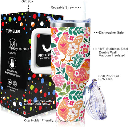 30 oz Tumbler with Handle Straw Lid Chicken Gifts for Women | Chicken Rooster Coffee Travel Mug Leak Proof Insulated for Hot Cold Ice Christmas Birthday Gifts for Women
