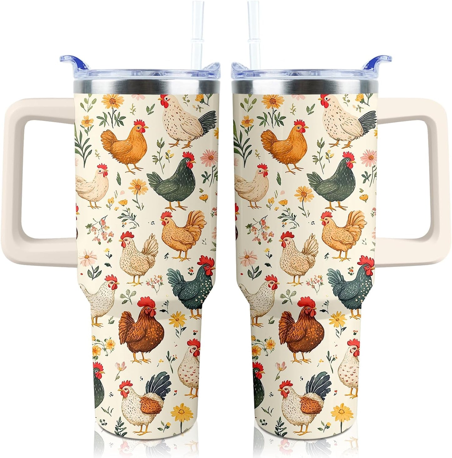 30 oz Tumbler with Handle Straw Lid Chicken Gifts for Women | Chicken Rooster Coffee Travel Mug Leak Proof Insulated for Hot Cold Ice Christmas Birthday Gifts for Women