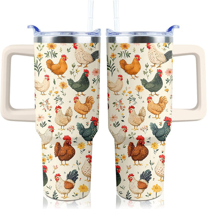 30 oz Tumbler with Handle Straw Lid Chicken Gifts for Women | Chicken Rooster Coffee Travel Mug Leak Proof Insulated for Hot Cold Ice Christmas Birthday Gifts for Women