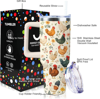 30 oz Tumbler with Handle Straw Lid Chicken Gifts for Women | Chicken Rooster Coffee Travel Mug Leak Proof Insulated for Hot Cold Ice Christmas Birthday Gifts for Women