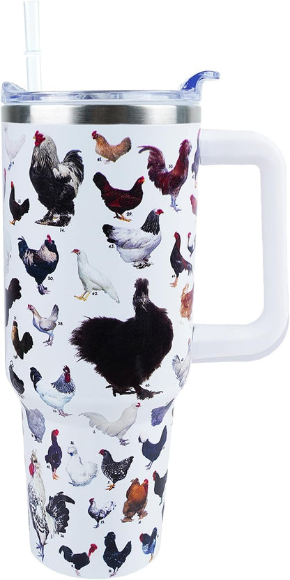 30 oz Tumbler with Handle Straw Lid Chicken Gifts for Women | Chicken Rooster Coffee Travel Mug Leak Proof Insulated for Hot Cold Ice Christmas Birthday Gifts for Women