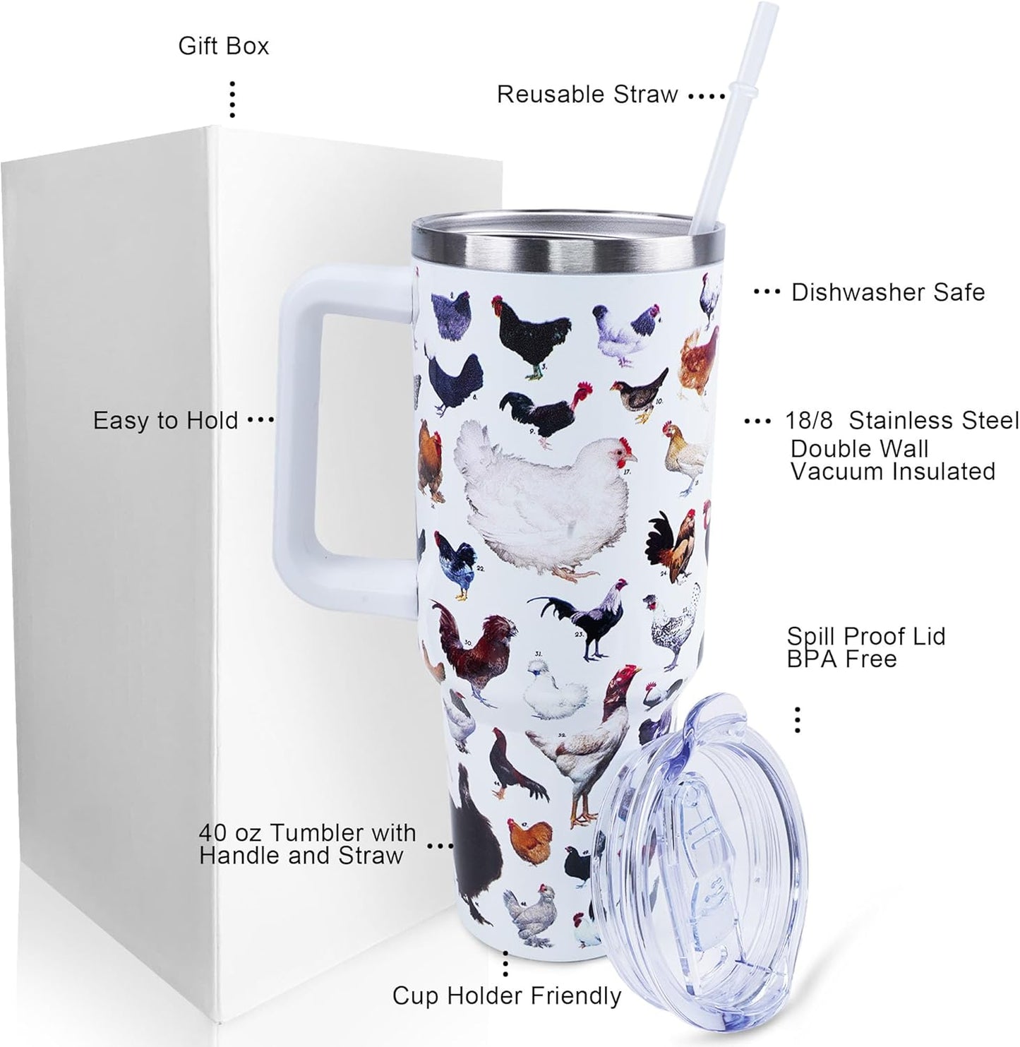 30 oz Tumbler with Handle Straw Lid Chicken Gifts for Women | Chicken Rooster Coffee Travel Mug Leak Proof Insulated for Hot Cold Ice Christmas Birthday Gifts for Women