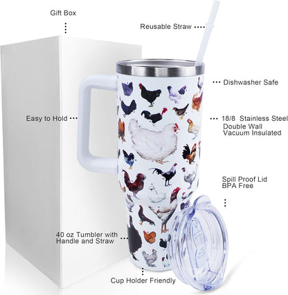 30 oz Tumbler with Handle Straw Lid Chicken Gifts for Women | Chicken Rooster Coffee Travel Mug Leak Proof Insulated for Hot Cold Ice Christmas Birthday Gifts for Women