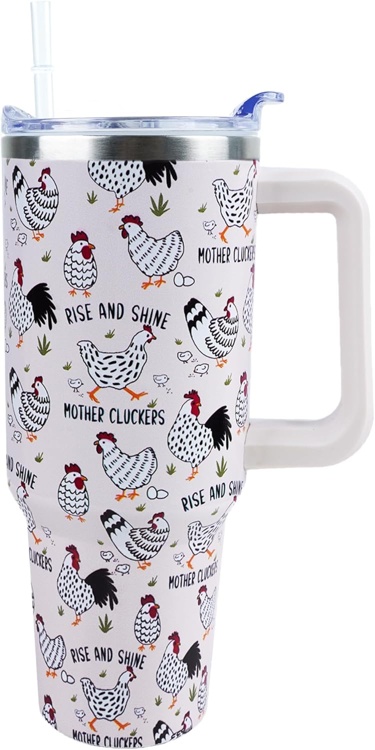 30 oz Tumbler with Handle Straw Lid Chicken Gifts for Women | Chicken Rooster Coffee Travel Mug Leak Proof Insulated for Hot Cold Ice Christmas Birthday Gifts for Women