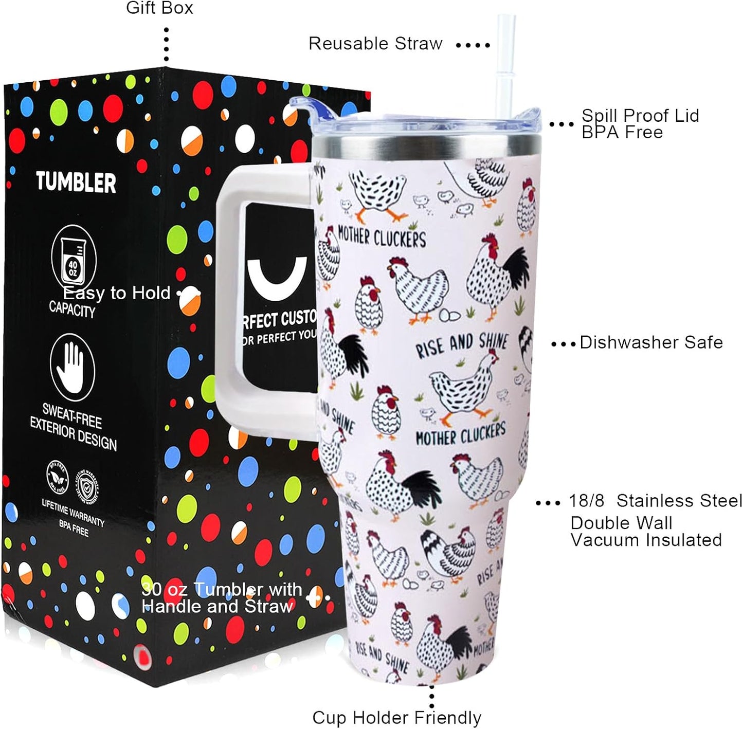 30 oz Tumbler with Handle Straw Lid Chicken Gifts for Women | Chicken Rooster Coffee Travel Mug Leak Proof Insulated for Hot Cold Ice Christmas Birthday Gifts for Women