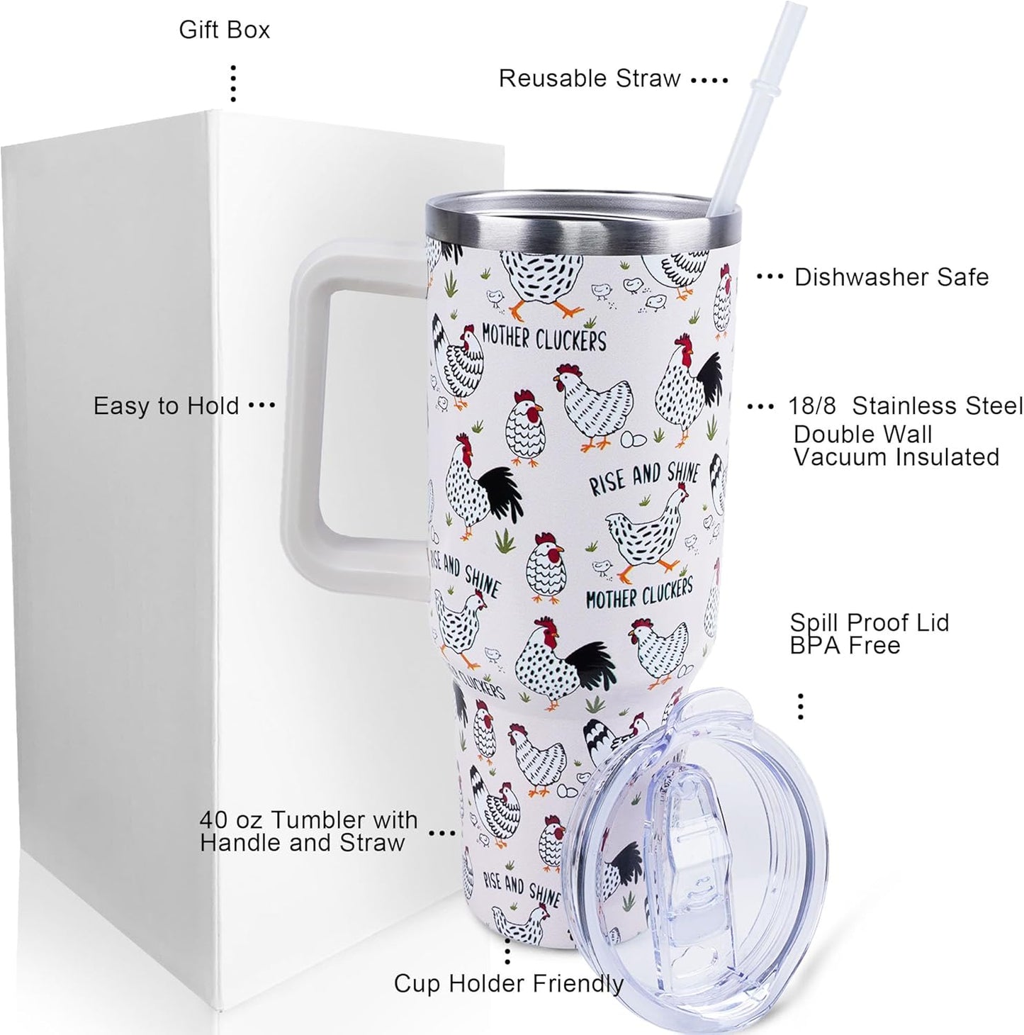 30 oz Tumbler with Handle Straw Lid Chicken Gifts for Women | Chicken Rooster Coffee Travel Mug Leak Proof Insulated for Hot Cold Ice Christmas Birthday Gifts for Women