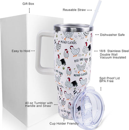 30 oz Tumbler with Handle Straw Lid Chicken Gifts for Women | Chicken Rooster Coffee Travel Mug Leak Proof Insulated for Hot Cold Ice Christmas Birthday Gifts for Women
