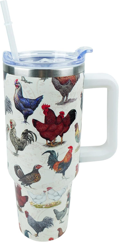 30 oz Tumbler with Handle Straw Lid Chicken Gifts for Women | Chicken Rooster Coffee Travel Mug Leak Proof Insulated for Hot Cold Ice Christmas Birthday Gifts for Women