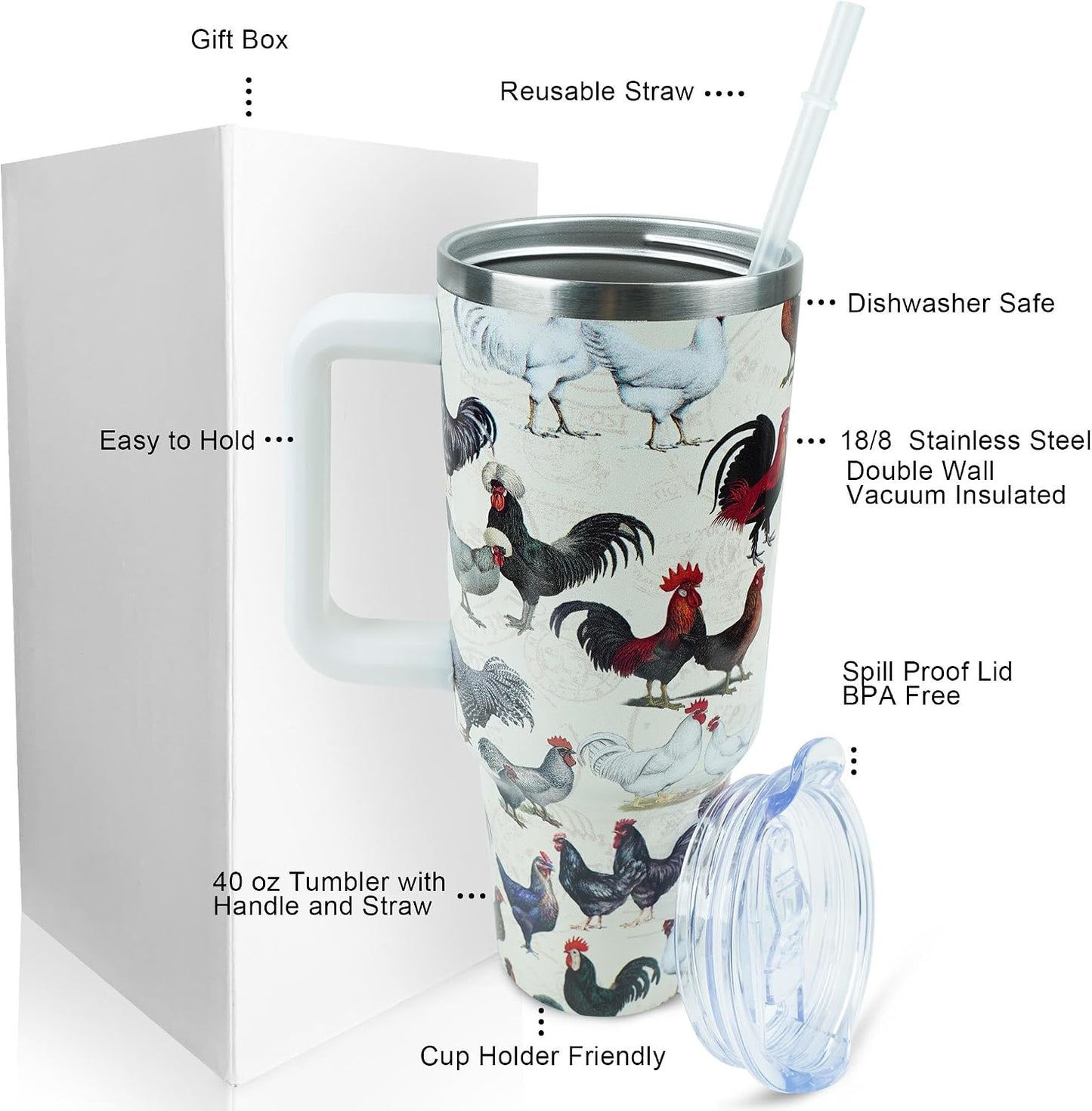30 oz Tumbler with Handle Straw Lid Chicken Gifts for Women | Chicken Rooster Coffee Travel Mug Leak Proof Insulated for Hot Cold Ice Christmas Birthday Gifts for Women