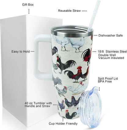 30 oz Tumbler with Handle Straw Lid Chicken Gifts for Women | Chicken Rooster Coffee Travel Mug Leak Proof Insulated for Hot Cold Ice Christmas Birthday Gifts for Women