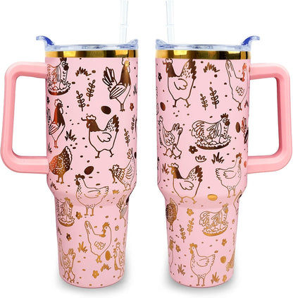 30 oz Tumbler with Handle Straw Lid Chicken Gifts for Women | Chicken Rooster Coffee Travel Mug Leak Proof Insulated for Hot Cold Ice Christmas Birthday Gifts for Women