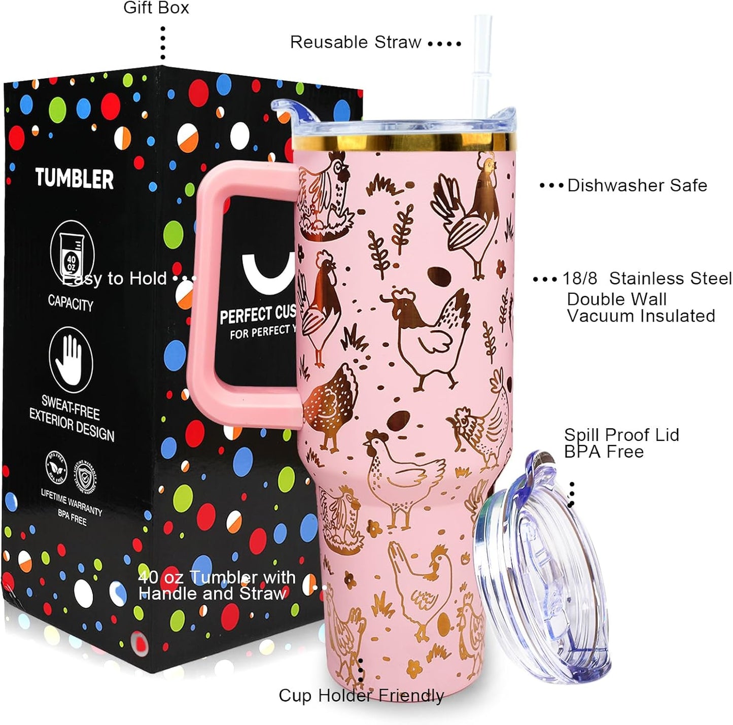 30 oz Tumbler with Handle Straw Lid Chicken Gifts for Women | Chicken Rooster Coffee Travel Mug Leak Proof Insulated for Hot Cold Ice Christmas Birthday Gifts for Women