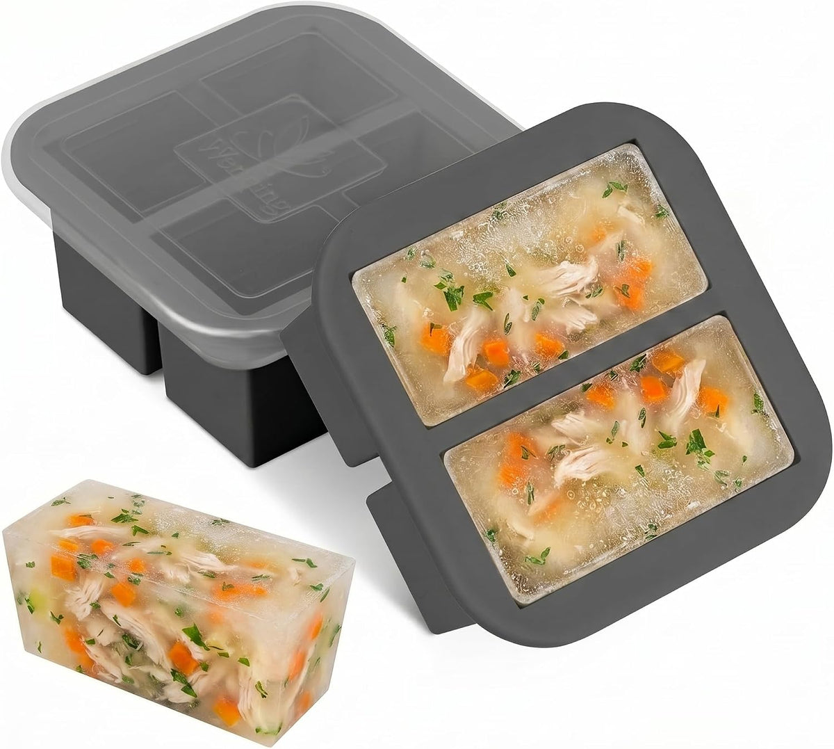 Silicone Freezer Tray with Lid 2 Pack Silicone Freezer Molds Ice Cube Tray Makes 2 Perfect 2 Cup Portions Soup Cubes Meal Prep Containers- Oven & Dishwasher Safe