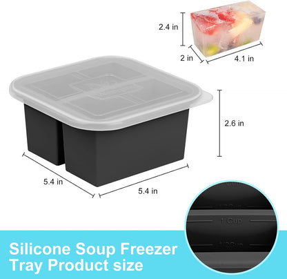 Silicone Freezer Tray with Lid 2 Pack Silicone Freezer Molds Ice Cube Tray Makes 2 Perfect 2 Cup Portions Soup Cubes Meal Prep Containers- Oven & Dishwasher Safe