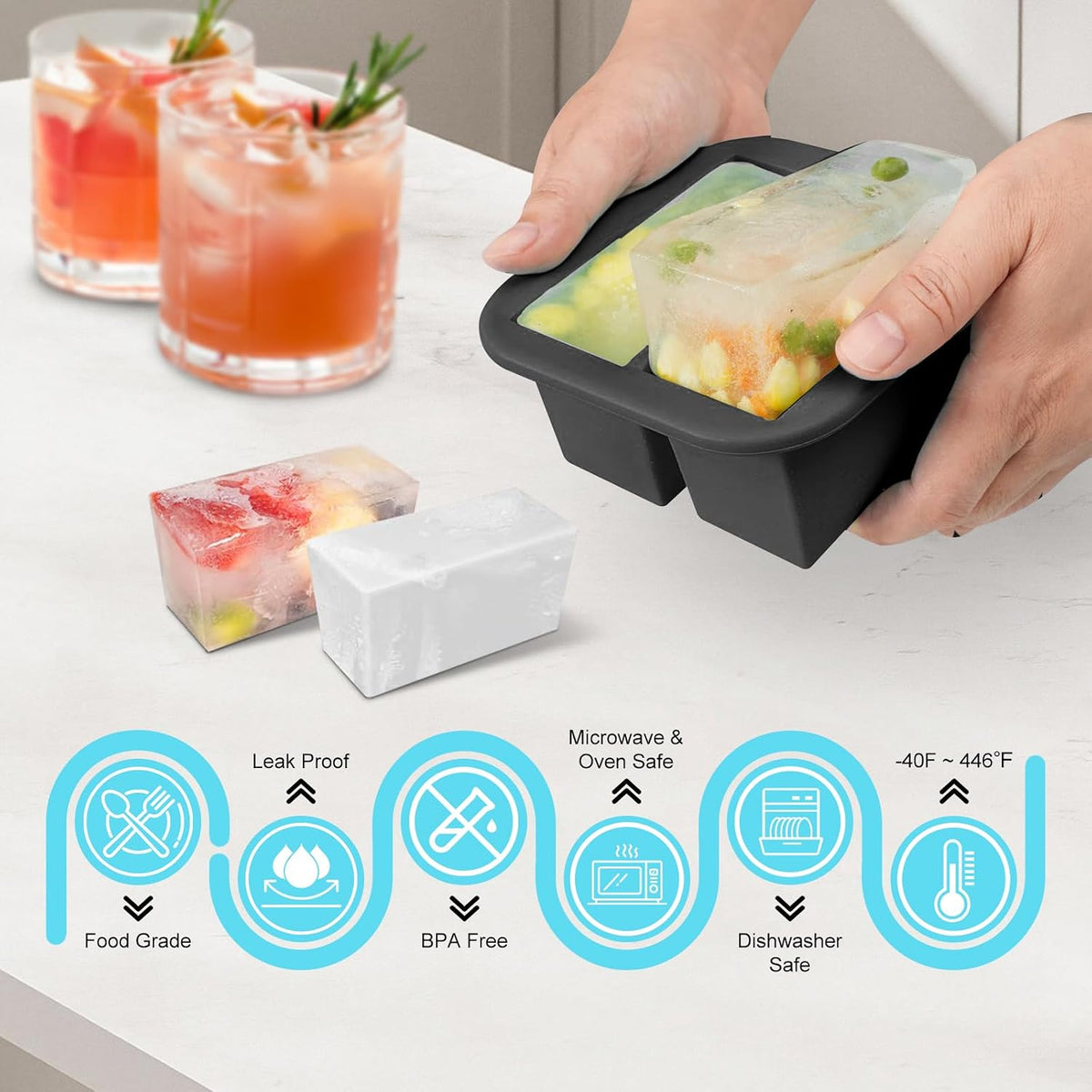 Silicone Freezer Tray with Lid 2 Pack Silicone Freezer Molds Ice Cube Tray Makes 2 Perfect 2 Cup Portions Soup Cubes Meal Prep Containers- Oven & Dishwasher Safe