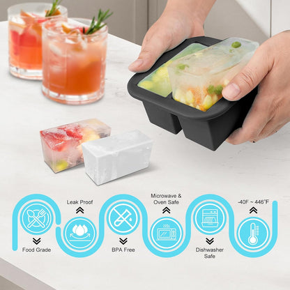 Silicone Freezer Tray with Lid 2 Pack Silicone Freezer Molds Ice Cube Tray Makes 2 Perfect 2 Cup Portions Soup Cubes Meal Prep Containers- Oven & Dishwasher Safe
