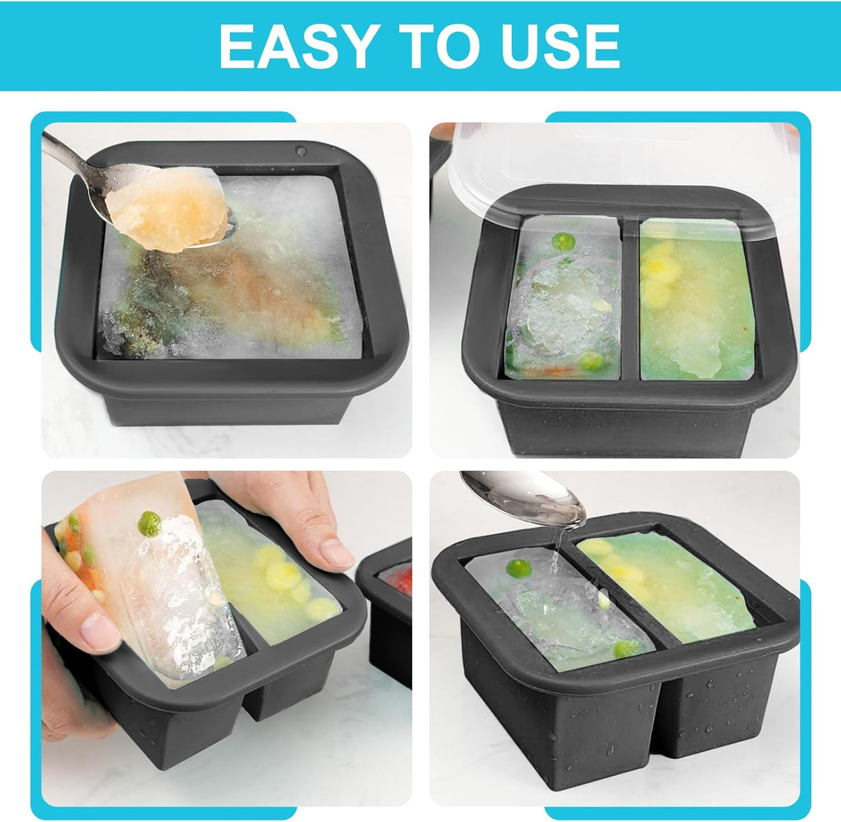 Silicone Freezer Tray with Lid 2 Pack Silicone Freezer Molds Ice Cube Tray Makes 2 Perfect 2 Cup Portions Soup Cubes Meal Prep Containers- Oven & Dishwasher Safe