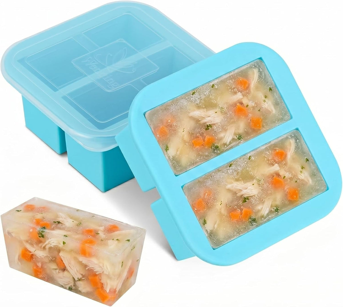 Silicone Freezer Tray with Lid 2 Pack Silicone Freezer Molds Ice Cube Tray Makes 2 Perfect 2 Cup Portions Soup Cubes Meal Prep Containers- Oven & Dishwasher Safe