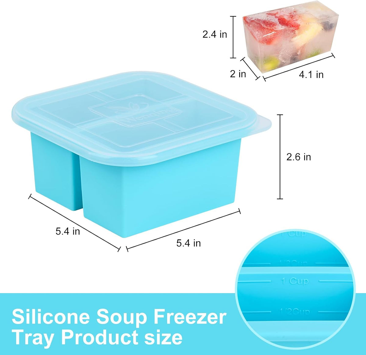 Silicone Freezer Tray with Lid 2 Pack Silicone Freezer Molds Ice Cube Tray Makes 2 Perfect 2 Cup Portions Soup Cubes Meal Prep Containers- Oven & Dishwasher Safe