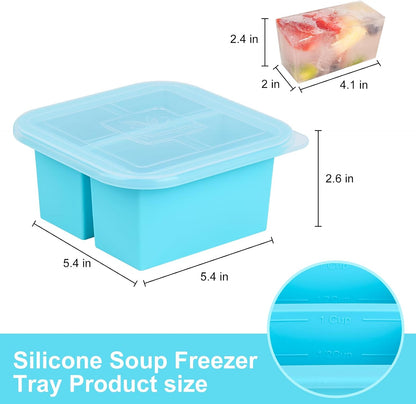 Silicone Freezer Tray with Lid 2 Pack Silicone Freezer Molds Ice Cube Tray Makes 2 Perfect 2 Cup Portions Soup Cubes Meal Prep Containers- Oven & Dishwasher Safe