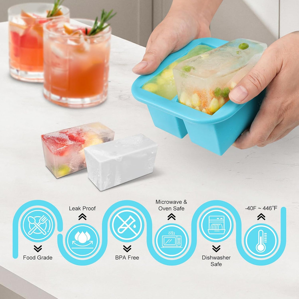Silicone Freezer Tray with Lid 2 Pack Silicone Freezer Molds Ice Cube Tray Makes 2 Perfect 2 Cup Portions Soup Cubes Meal Prep Containers- Oven & Dishwasher Safe