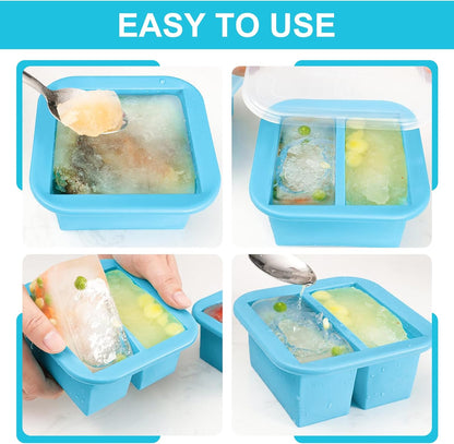 Silicone Freezer Tray with Lid 2 Pack Silicone Freezer Molds Ice Cube Tray Makes 2 Perfect 2 Cup Portions Soup Cubes Meal Prep Containers- Oven & Dishwasher Safe