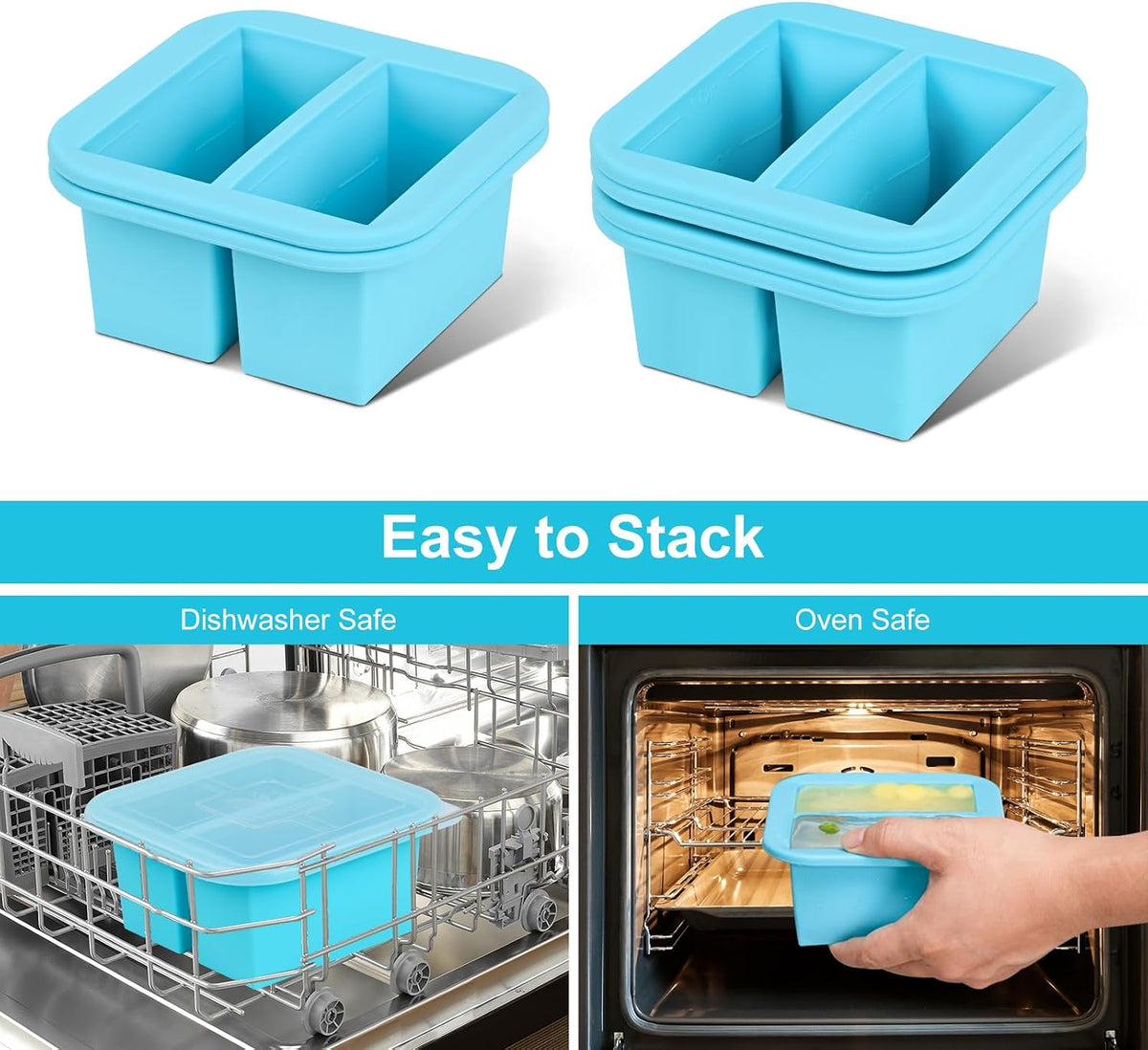 Silicone Freezer Tray with Lid 2 Pack Silicone Freezer Molds Ice Cube Tray Makes 2 Perfect 2 Cup Portions Soup Cubes Meal Prep Containers- Oven & Dishwasher Safe