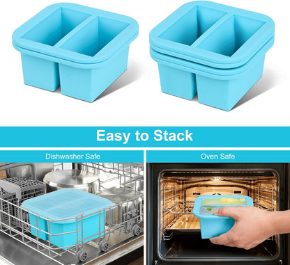 Silicone Freezer Tray with Lid 2 Pack Silicone Freezer Molds Ice Cube Tray Makes 2 Perfect 2 Cup Portions Soup Cubes Meal Prep Containers- Oven & Dishwasher Safe