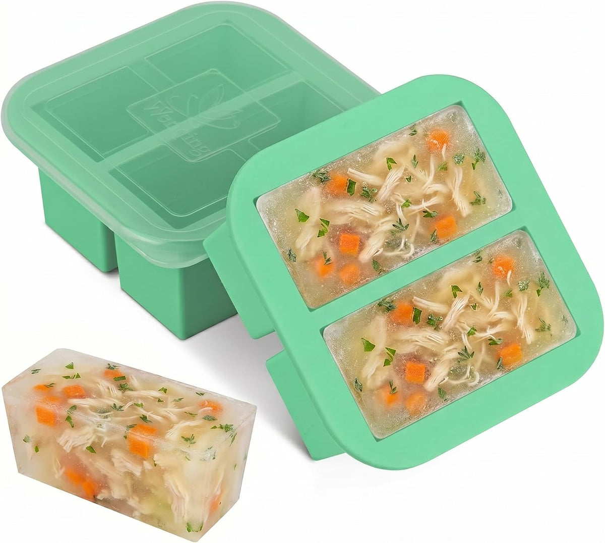Silicone Freezer Tray with Lid 2 Pack Silicone Freezer Molds Ice Cube Tray Makes 2 Perfect 2 Cup Portions Soup Cubes Meal Prep Containers- Oven & Dishwasher Safe