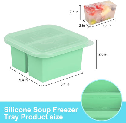 Silicone Freezer Tray with Lid 2 Pack Silicone Freezer Molds Ice Cube Tray Makes 2 Perfect 2 Cup Portions Soup Cubes Meal Prep Containers- Oven & Dishwasher Safe