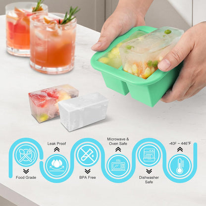 Silicone Freezer Tray with Lid 2 Pack Silicone Freezer Molds Ice Cube Tray Makes 2 Perfect 2 Cup Portions Soup Cubes Meal Prep Containers- Oven & Dishwasher Safe