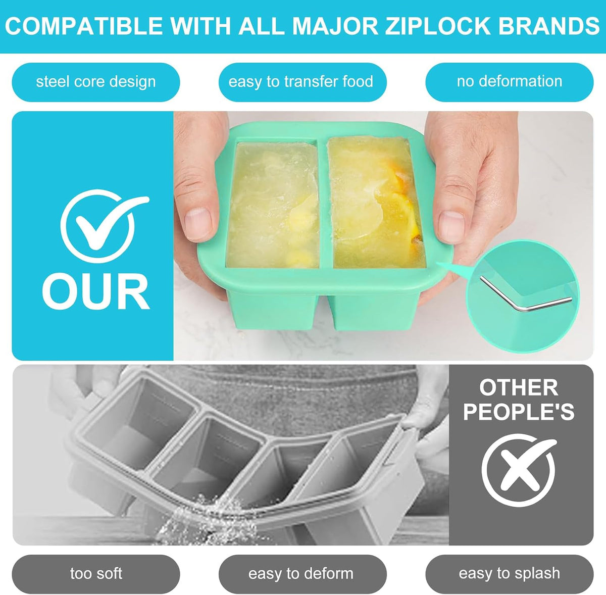 Silicone Freezer Tray with Lid 2 Pack Silicone Freezer Molds Ice Cube Tray Makes 2 Perfect 2 Cup Portions Soup Cubes Meal Prep Containers- Oven & Dishwasher Safe