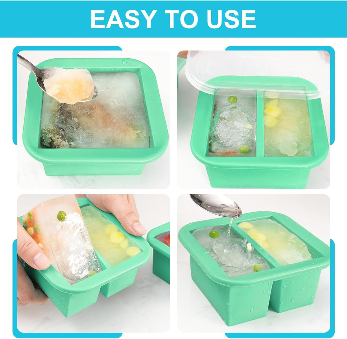 Silicone Freezer Tray with Lid 2 Pack Silicone Freezer Molds Ice Cube Tray Makes 2 Perfect 2 Cup Portions Soup Cubes Meal Prep Containers- Oven & Dishwasher Safe