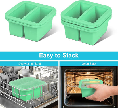 Silicone Freezer Tray with Lid 2 Pack Silicone Freezer Molds Ice Cube Tray Makes 2 Perfect 2 Cup Portions Soup Cubes Meal Prep Containers- Oven & Dishwasher Safe