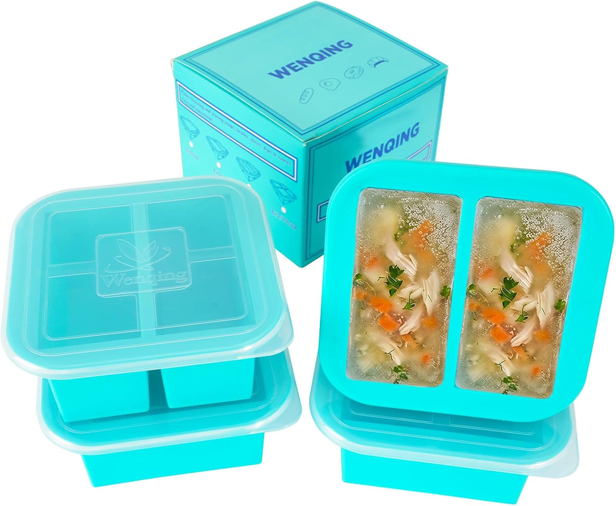 Silicone Freezer Tray with Lid 2 Pack Silicone Freezer Molds Ice Cube Tray Makes 2 Perfect 2 Cup Portions Soup Cubes Meal Prep Containers- Oven & Dishwasher Safe