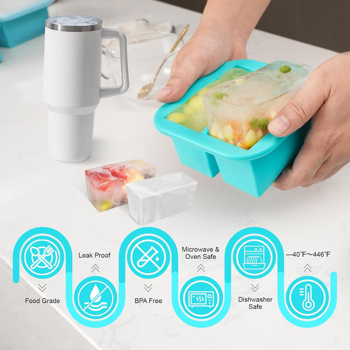 Silicone Freezer Tray with Lid 2 Pack Silicone Freezer Molds Ice Cube Tray Makes 2 Perfect 2 Cup Portions Soup Cubes Meal Prep Containers- Oven & Dishwasher Safe