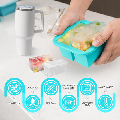 Silicone Freezer Tray with Lid 2 Pack Silicone Freezer Molds Ice Cube Tray Makes 2 Perfect 2 Cup Portions Soup Cubes Meal Prep Containers- Oven & Dishwasher Safe