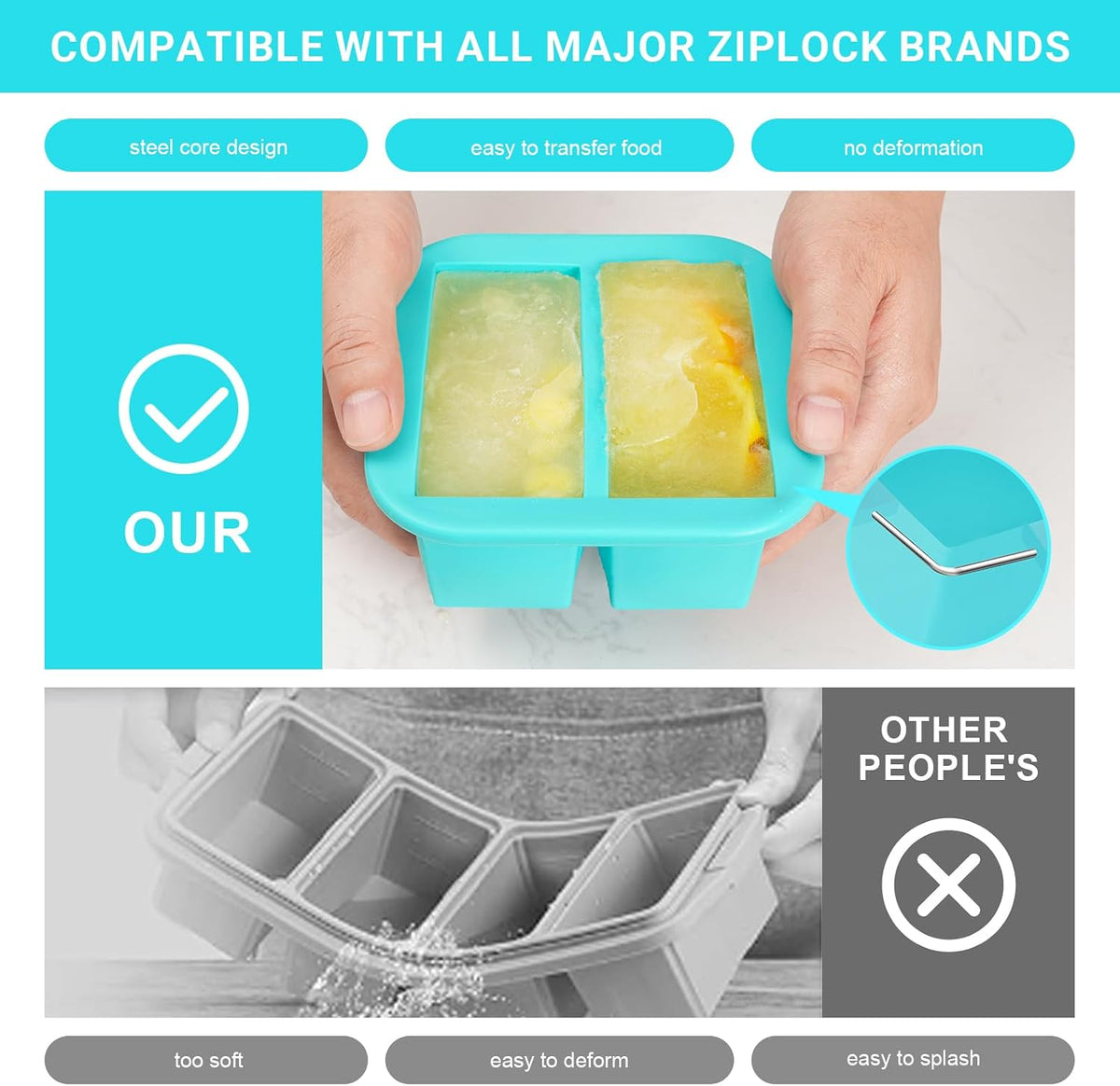 Silicone Freezer Tray with Lid 2 Pack Silicone Freezer Molds Ice Cube Tray Makes 2 Perfect 2 Cup Portions Soup Cubes Meal Prep Containers- Oven & Dishwasher Safe